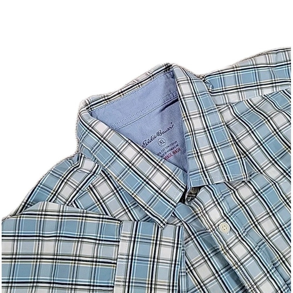 Eddie Bauer Plaid Men's X-Large Button Up Vintage Wash‎ Long Sleeve Shirt Cotton